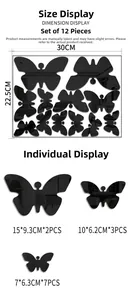 Detail display of 12pcs black acrylic mirror butterfly wall stickers with size dimensions