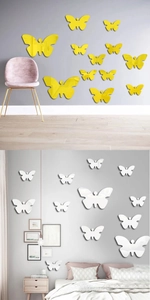 Macro view of multi-size acrylic mirror butterfly wall stickers in yellow and white