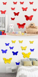 3D acrylic mirror butterfly wall stickers in red blue and yellow for home decoration