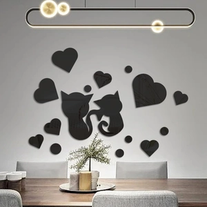 Black acrylic cat and heart mirror wall stickers set for modern living room decor