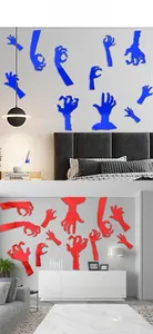 Ghost hand mirror wall stickers in blue and red shown in bedroom and living room layout