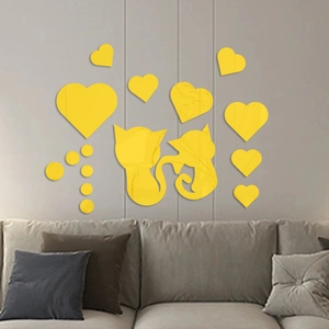 Modern yellow acrylic mirror wall sticker featuring 3D cats and hearts for home decor