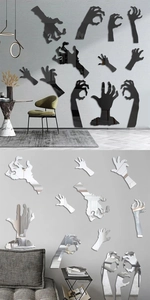 Detail view of reflective 3D zombie hand mirror wall stickers for Halloween decor