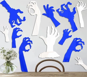 Macro view of blue and white Halloween zombie hand acrylic mirror wall stickers