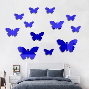 Set of 12 blue 3D mirror butterfly wall stickers for living room and bedroom decor