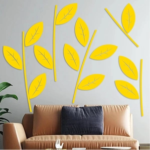 Abstract yellow leaf acrylic mirror wall sticker set for living room wall decoration
