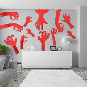 Set of 11 red mirror acrylic zombie hand wall decals for Halloween living room decoration