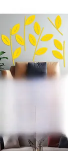 Detailed view of yellow abstract leaf acrylic mirror wall stickers for home decor