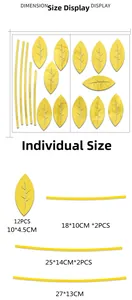 Detailed size chart for abstract leaf acrylic mirror wall stickers with dimensions