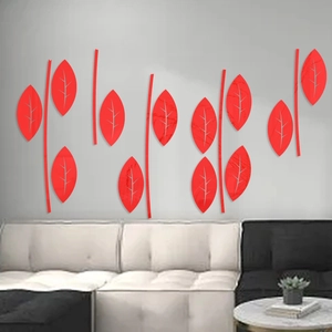 Modern red acrylic leaf mirror wall stickers for living room and bedroom decoration