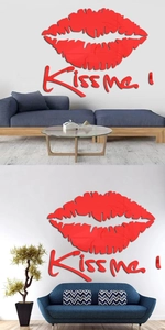 Detail view of red mirror acrylic lip wall stickers and Kiss me text for home decor