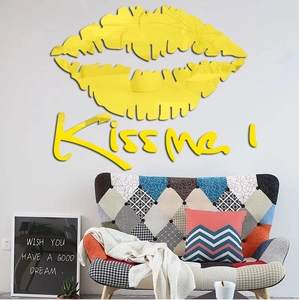 Modern bright yellow 3D acrylic mirror wall sticker featuring lips and Kiss me text