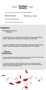 Detailed specs of acrylic mirror lip wall stickers showing dimensions and features