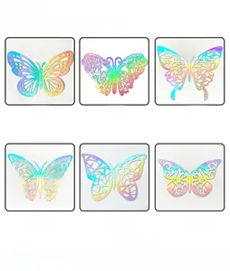 Detail of 12pcs silver 3D hollow butterfly stickers with rainbow holographic effect