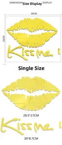 Detailed size specifications for Kiss Me lips acrylic mirror wall stickers in yellow