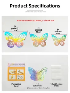 Three sizes of 3D hollow iridescent butterfly wall stickers with adhesive dots and packaging