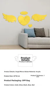 Detail of 1mm acrylic mirror wall stickers showing angel heart pattern and dimensions