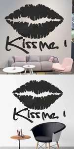 Modern black acrylic 3D mirror wall sticker featuring Kiss Me text and sexy lip design