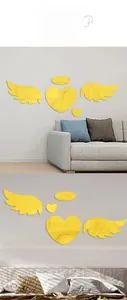 Detail view of heart angel acrylic mirror wall stickers in living room and bedroom scenes