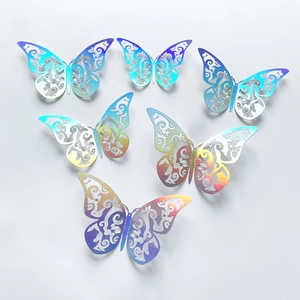 Macro detail of 3D hollow butterfly stickers with laser gradient metallic finish