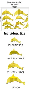 Size guide for 10-piece gold dolphin acrylic mirror wall stickers with specific dimensions