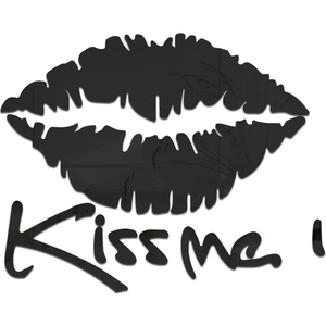 Detail of black acrylic Kiss me mirror wall sticker with lip print for bedroom decor