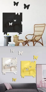 Modern acrylic mirror wall stickers with butterfly accents in gold, silver, and black