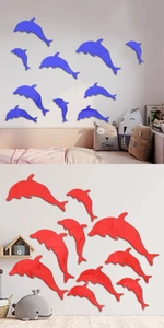 Macro detail of glossy blue and red acrylic dolphin mirror wall stickers for bedroom decor