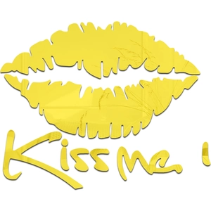 Macro view of a reflective yellow acrylic mirror wall sticker with Kiss Me lip design