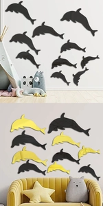 Detailed view of dolphin acrylic mirror wall stickers in black and yellow color options