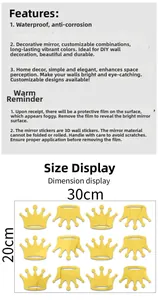 Detail showing dimensions of waterproof golden crown mirror wall stickers in a set