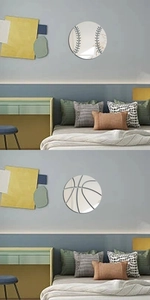 Détail de miroirs muraux en acrylique avec textures de basket-ball et de baseball