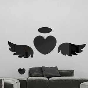 Modern black acrylic mirror heart wall stickers with angel wings for home decor