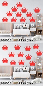 Detailed view of red crown mirror wall stickers in a cozy Nordic style nursery setting