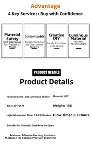 Technical specs of self-adhesive PET bat luminous stickers with size and glow duration details
