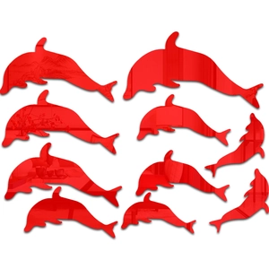 Detailed view of 10 red dolphin acrylic mirror wall stickers with reflective surface