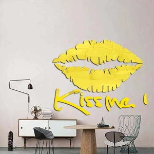 Yellow acrylic mirror wall sticker with Kiss Me text and lips for modern home decor
