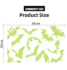 Luminous Halloween wall stickers featuring bats and owl, 30x20cm product size layout