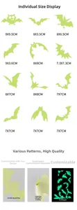 Size chart for glowing bat wall stickers showing 12 different styles with precise dimensions