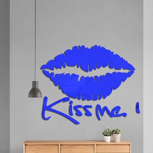 Modern 3D blue mirror acrylic wall decal featuring red lips and Kiss me text decor