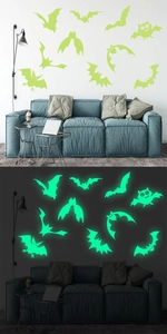 Glow-in-the-dark bat and owl wall stickers showing daylight vs night glowing effect