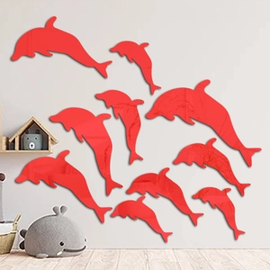 Set of 10 red dolphin acrylic mirror wall stickers for modern living room decor