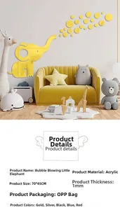 Detail specifications of acrylic elephant wall stickers showing 70x45cm size and 1mm thickness