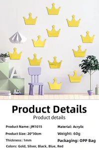 Vue détaillée des stickers muraux miroirs couronne en acrylique avec dimensions et coloris