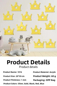 Golden acrylic crown mirror stickers set for nursery decor with dimension details