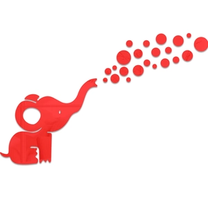 Detail of red acrylic mirror wall sticker featuring a cartoon elephant and round bubbles