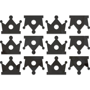 Detailed macro view of 12 black acrylic crown mirror wall stickers with reflective surface