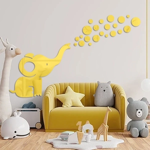 Yellow acrylic elephant mirror wall stickers with bubbles for children nursery decor
