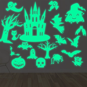 Halloween Glow In The Dark Wall Stickers Castle Bat Pumpkin Ghost Pattern PVC Fluorescent Decals For Kids Room Decoration