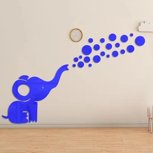Royal blue elephant acrylic mirror wall stickers with bubbles for creative home decoration